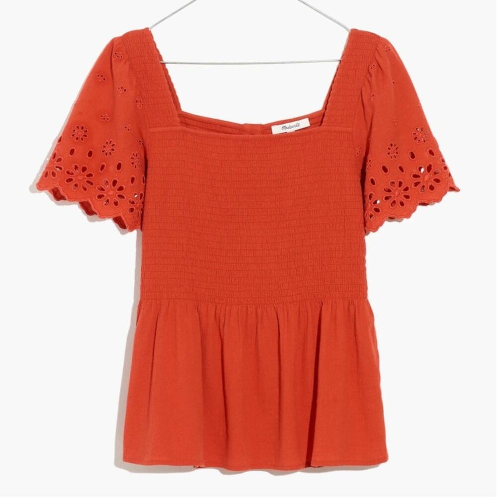 Madewell Lucie Smocked Eyelet Top Cotton Small Red Orange 70s Revival